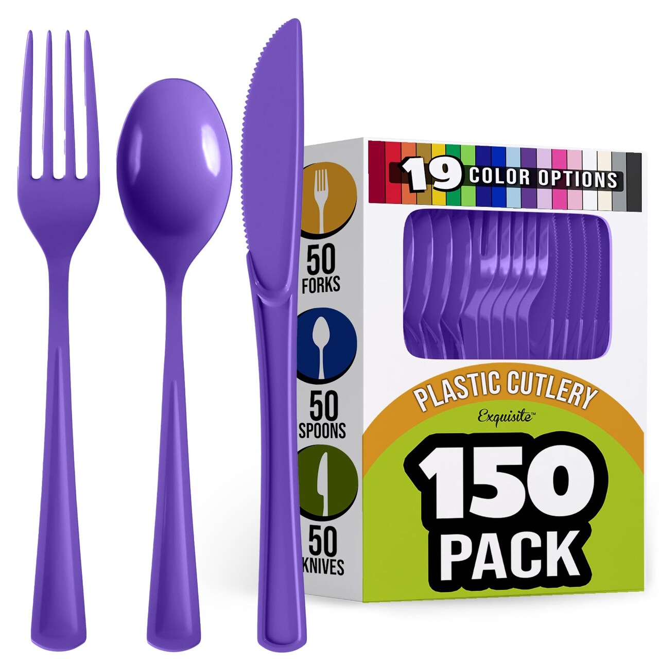Exquisite Polished Plastic Silverware – 150 Pcs Heavy Duty Cutlery Set – 50 Each of Forks, Knives & Spoons – Disposable Utensil Set for Parties, Events & Catering – Flatware Set by Party Solids